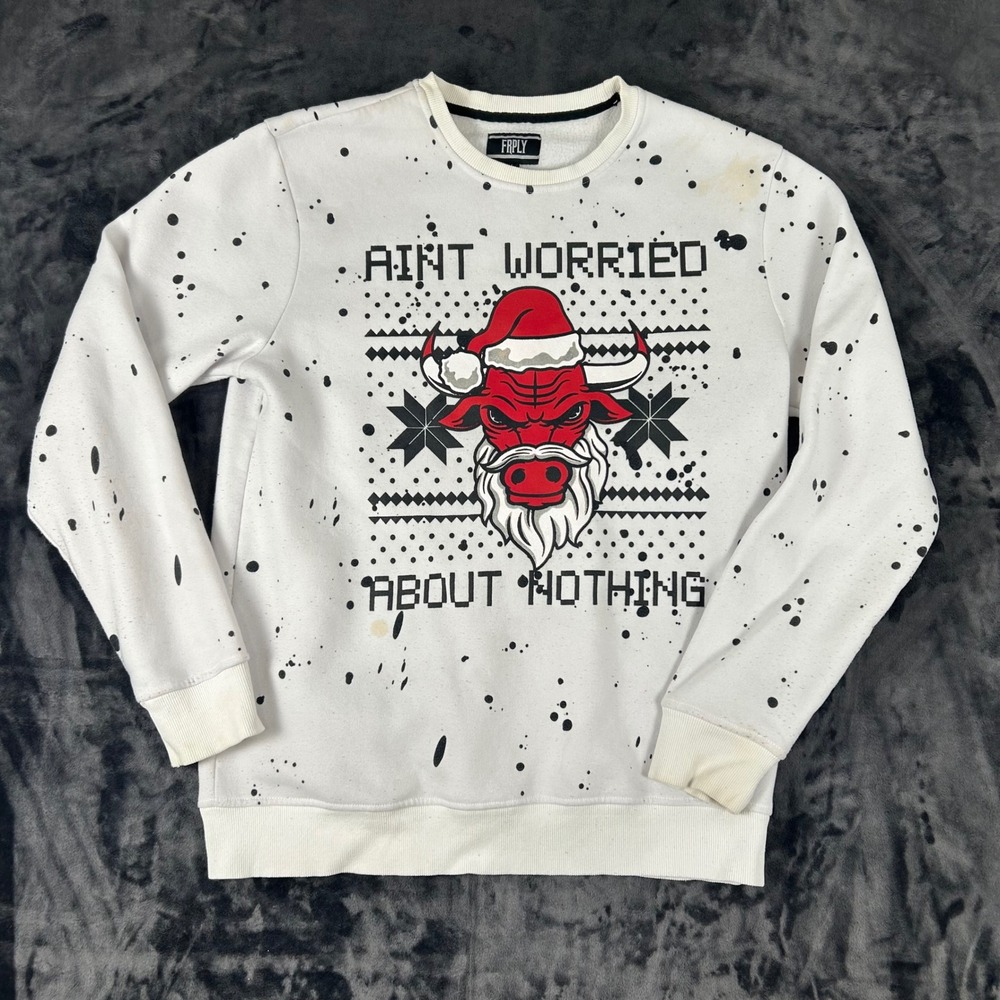 FRPLY Sweatshirt Mens Large White Bulls Santa Graphic Paint Splatter 2886